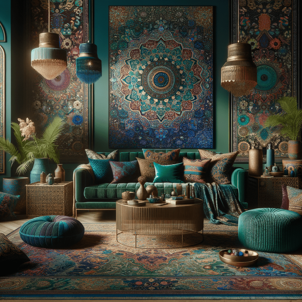 vibrant jewel toned color palette in a boho living room