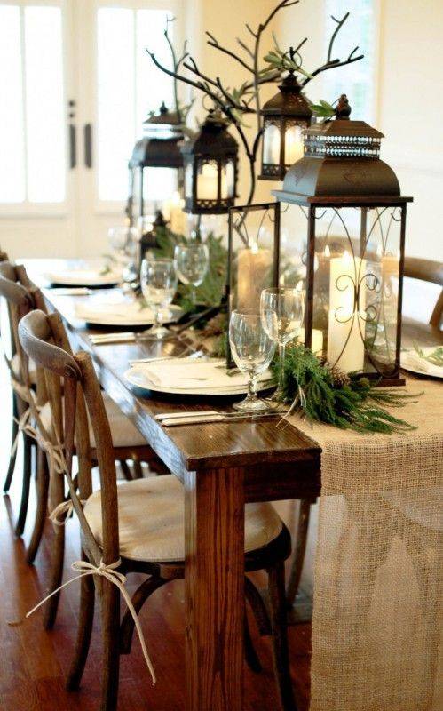 large christmas table decor winter black lanterns with burlap runner with greenery