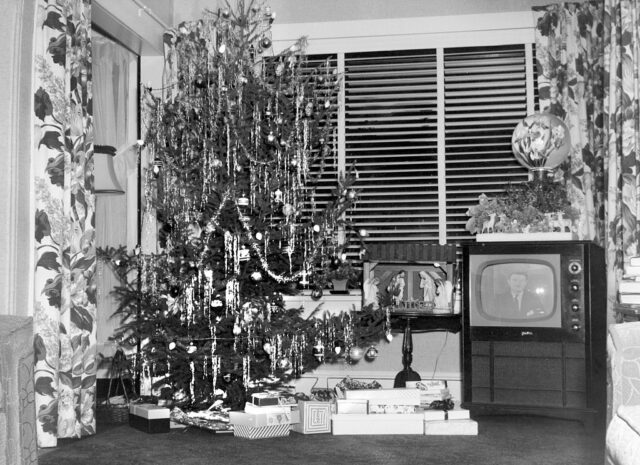 Christmas tree set up in a living room