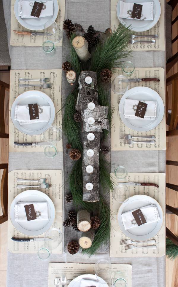 log centerpiece christmas table