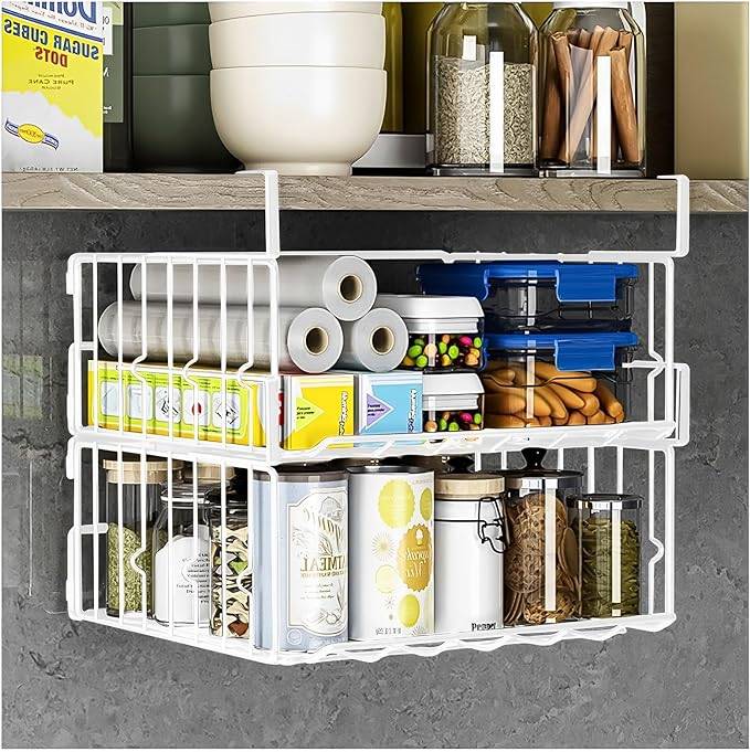 under shelf kitchen basket in pantry