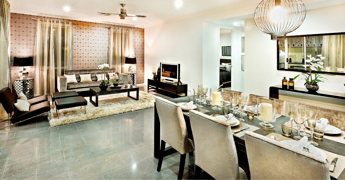 A well-lit living room dining room combo.