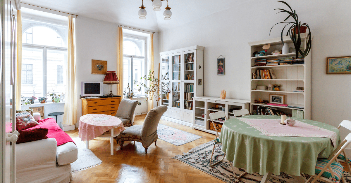 A vintage living room dining room combo layout.