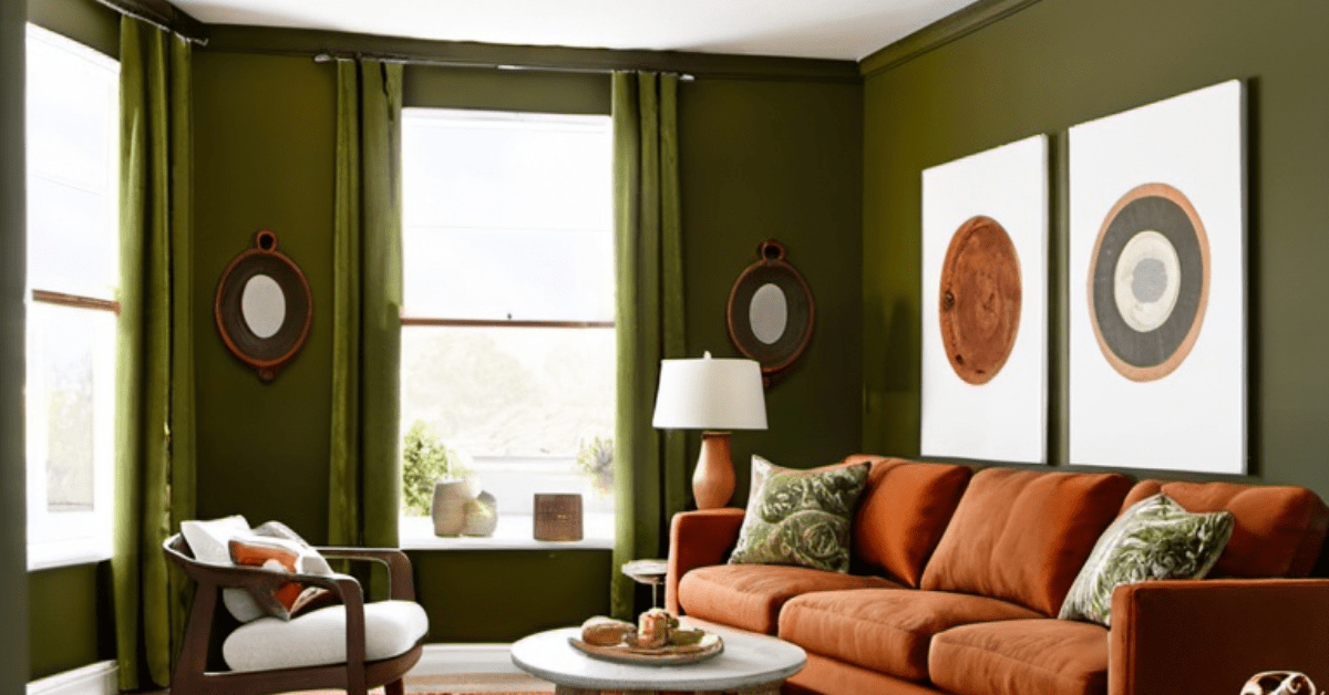 Olive green and rust-colored living room.