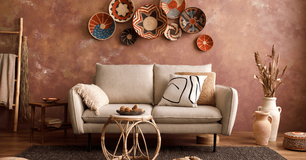 Boho living room with brown wall and wood furniture.