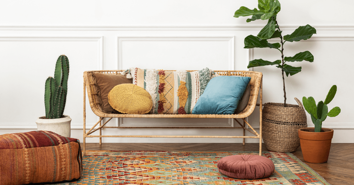 Boho-styled living room with textured rug.