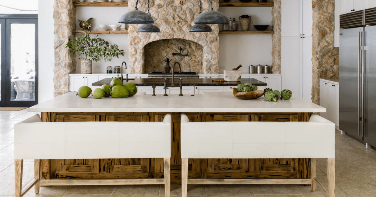 Modern kitchen with an island featuring bench seating.