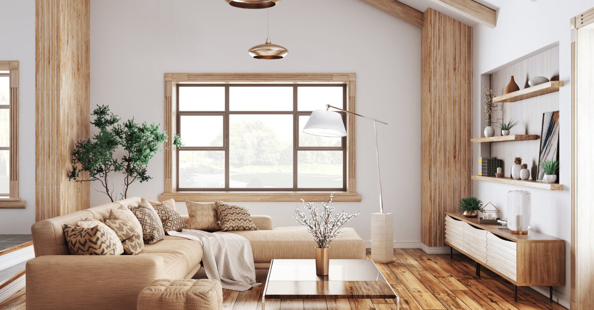 Modern living room with wood theme.