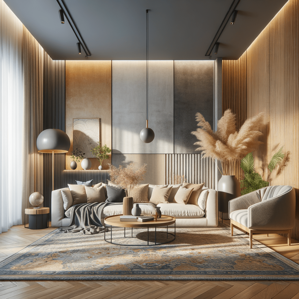 modern living room with high concrete ceilings, large area rug and textured accents