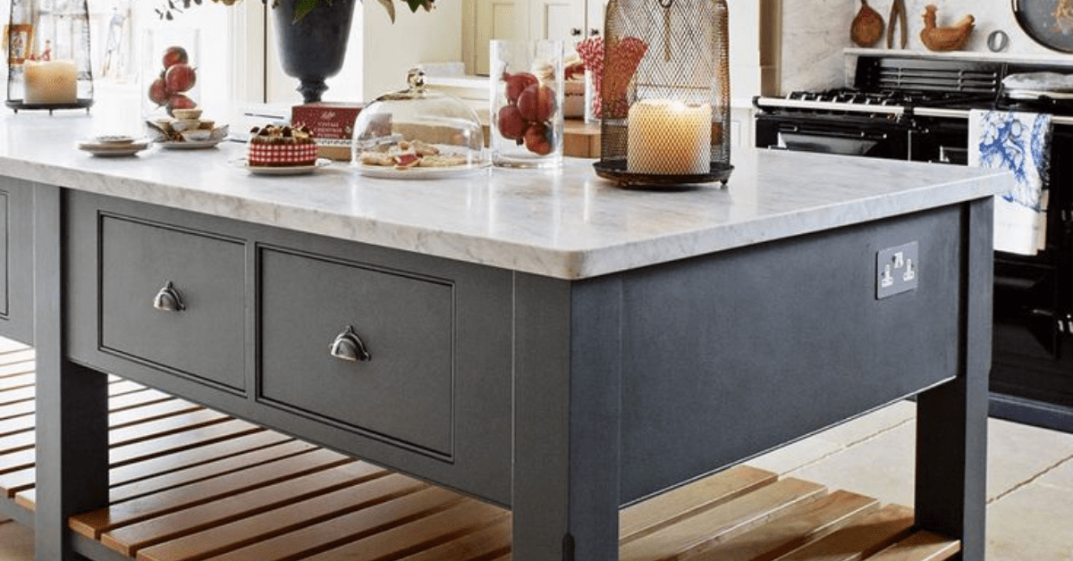 A grey modern kitchen island with open design.