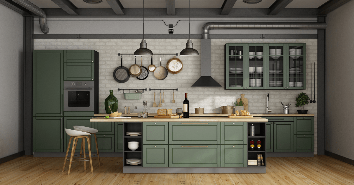 Green retro kitchen with classic decor.