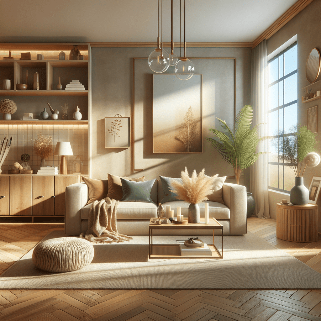 warm modern living room with soft beige accents and big window for natural light